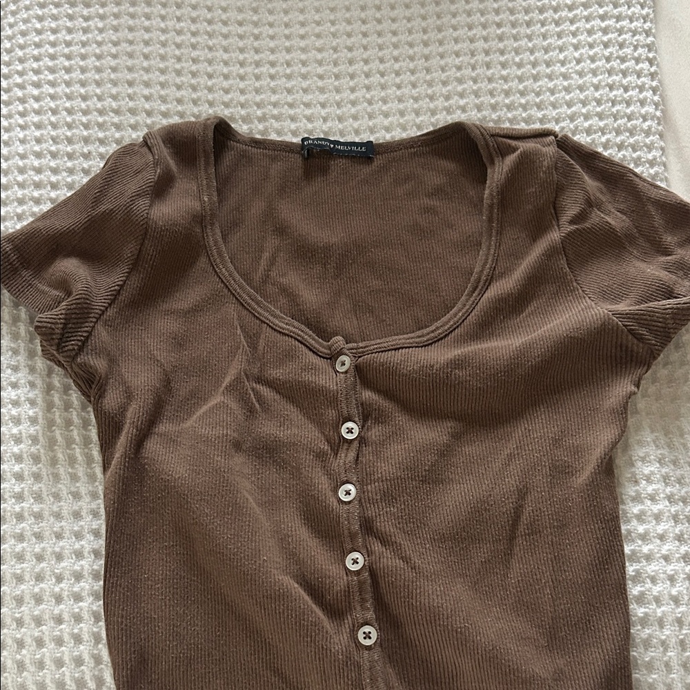 Brandy Melville Brown Short Sleeve Button-Up Top